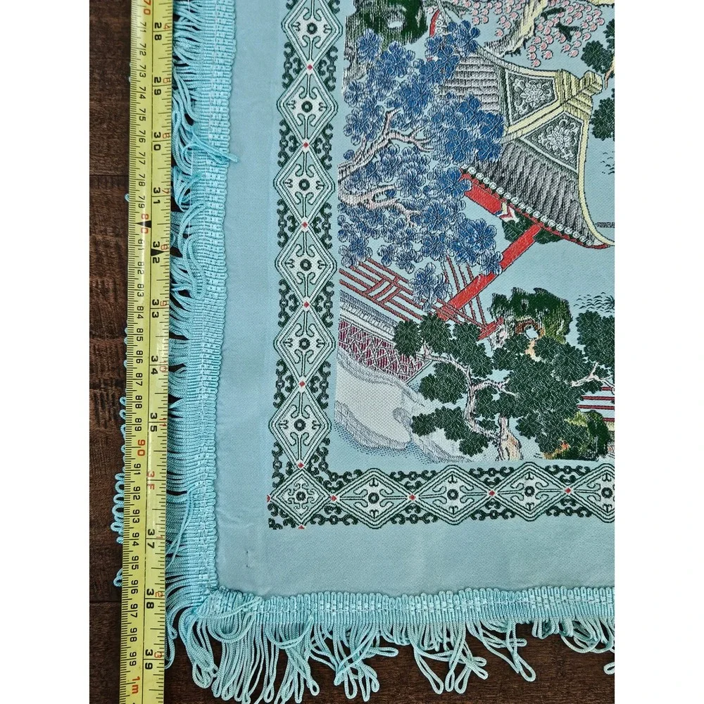 RARE VTG Brocaded Scenic Silk Chinese Tapestry Tablecloth Turquoise Fringe 55x38